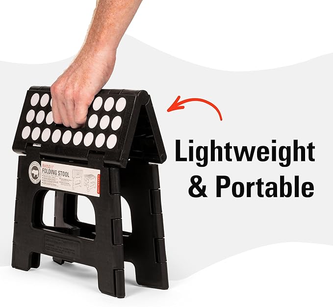 Kikkerland Rhino Foldable Step Stool – Holds Adults up to 300 Lbs, Best for Kitchen & Bathroom – Collapsible, Portable, Lightweight Stepping Stool with Sturdy, Non-Slip Design – Black, 8”