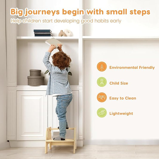 Toddler Step Stool, Wooden Stepping Stool for Kids, 2 Step Stool with Adjustable Height, Potty Training Stool with Handles Pads for Bathroom Sink, Kitchen, Bedroom