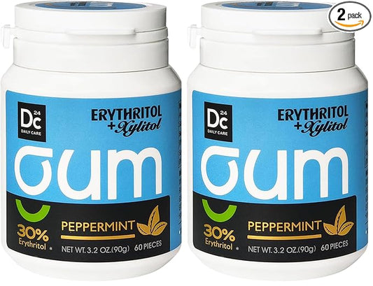 DC24 DAILY CARE Xylitol Chewing Gum with Erythritol, Aspartame Free & Sugar Free Gum, Low-Calorie, Sugarless, Natural Peppermint, 60 Pieces (Pack of 2)