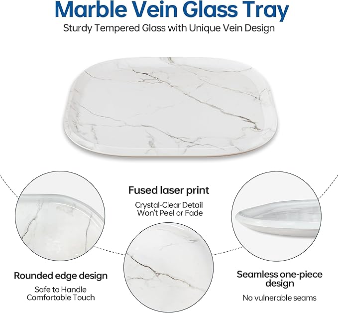 Vanity Decorative Tray, 12" x 12" White Marble Pattern Perfume Tray, Bathroom Tray Countertop Organizer for Soap Towel, Jewelry, Candle