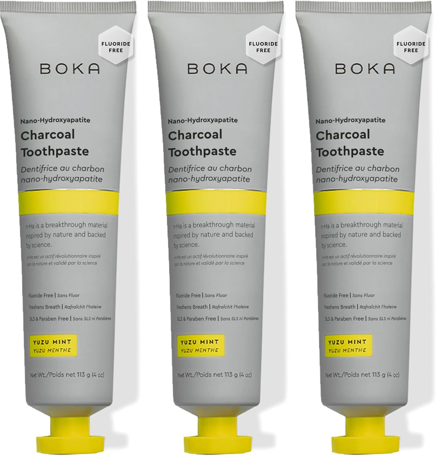 Boka Fluoride Free Toothpaste, Nano Hydroxyapatite Toothpaste, Appropriate for Sensitive Teeth - for Adult, Kids Oral Care - Charcoal Yuzu Mint Flavor, 4 Fl Oz 3Pk US Manufactured