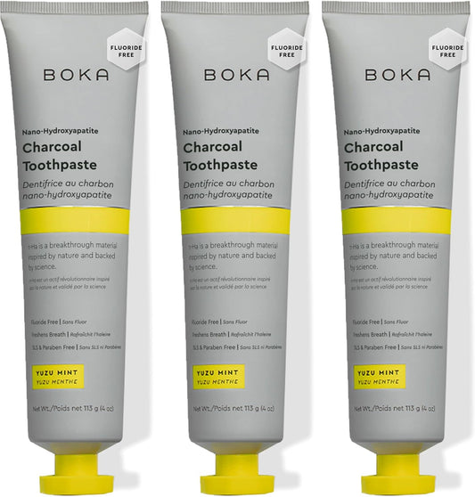 Boka Fluoride Free Toothpaste, Nano Hydroxyapatite Toothpaste, Appropriate for Sensitive Teeth - for Adult, Kids Oral Care - Charcoal Yuzu Mint Flavor, 4 Fl Oz 3Pk US Manufactured