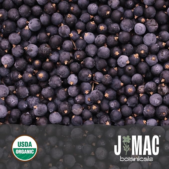 J MAC BOTANICALS, Organic Whole Juniper Berries, Certified Organic, juniper for herbal infusions, cooking and seasoning beef, pork, turkey brine, soups, syrups, cocktail bombs (4 oz)