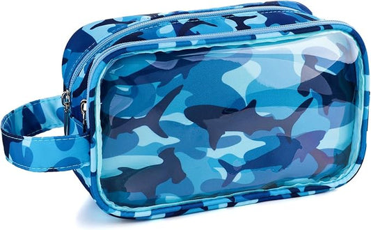 Shark Kids Toiletry Bag for Boys, Travel Clear Toiletry Bag for Little Young Boys Waterproof Hanging Wash Bag Toddler Traveling Toiletries, Blue