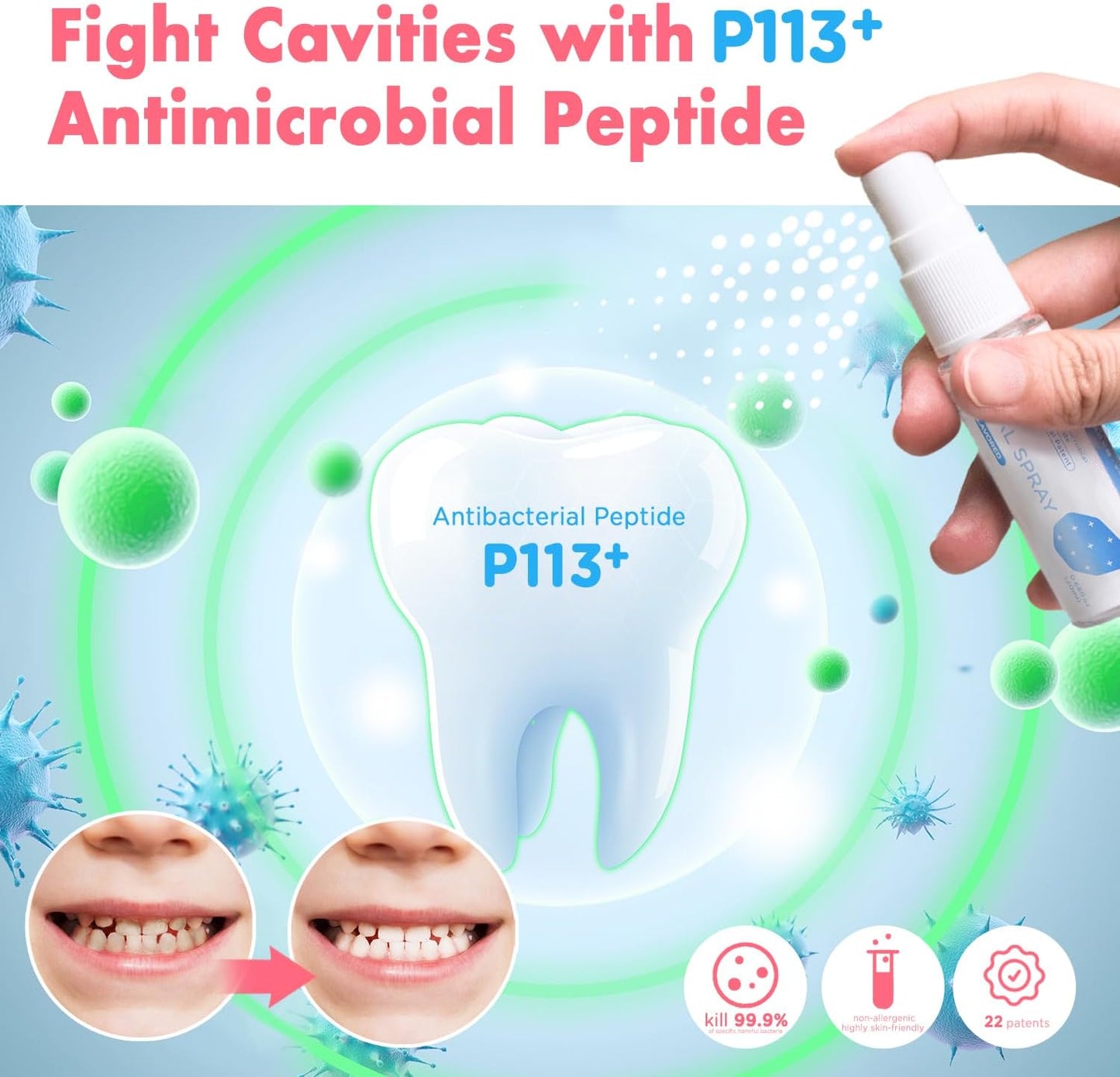 Mouth Spray for Kids Toddler Toothpaste Helper Fluoride Free Baby Toothpaste Cavity Protection Oral Care with Natural P113+ Antibacterial Peptide for Newborns to Age 12(Strawberry)