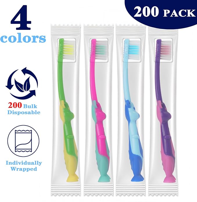 200 Pack Kids Toothbrush Bulk Soft Bristles Toddler Cute Toothbrush with Suction Cup, Includes Travel Covers, Individually Wrapped Toothbrushes for Kid Home School Daycare Camp (Kangaroo)