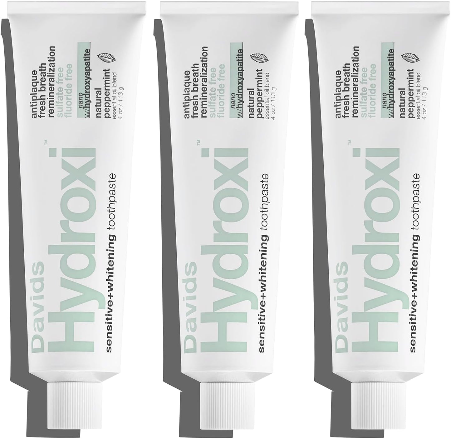 Davids Hydroxi Fluoride Free Nano Hydroxyapatite Toothpaste for Remineralizing Enamel & Sensitive Relief, Whitening, Antiplaque, SLS Free, Natural Peppermint, 4oz, Made in USA (3 Pack)