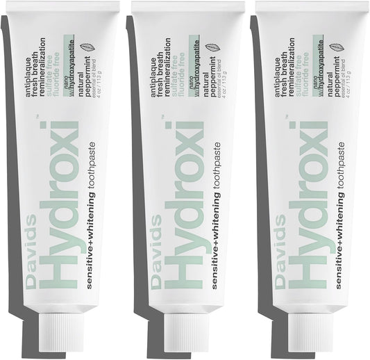 Davids Hydroxi Fluoride Free Nano Hydroxyapatite Toothpaste for Remineralizing Enamel & Sensitive Relief, Whitening, Antiplaque, SLS Free, Natural Peppermint, 4oz, Made in USA (3 Pack)