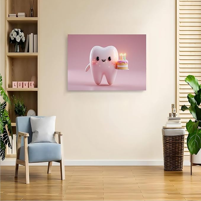 SchindlerBang Teeth Medical Canvas Prints,Cartoon Tooth Celebrating with Cake,Fun Dental Clinic Decor,Office Art,or Kids' Room,Vibrant Style,16x20inch Ready to Hang