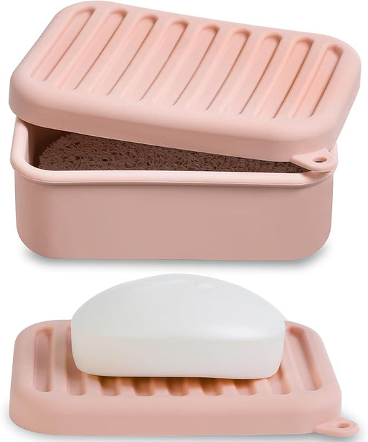 Portable Leakproof Travel Soap Case, Silicone Travel Soap Case, Compact Soap Holder with Drainage Layer, Travel Soap Holder for Camping, Gym, Outdoor (Coral-Red)