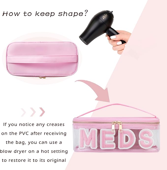 Clear Waterproof MEDS RX Makeup Bag，Transparent PVC Letter Patch medication travel case with Handle and Zipper, Portable Meds First Aid Travel Organizer Cosmetic Bag(01 Pink MEDS)