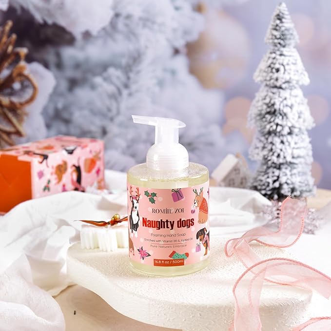 ROMIIE ZOI Christmas Foaming Hand Soap with Gift Box- Naughty Dogs Design, Winter Candy Apple Scented - Holiday Bathroom Soap for Winter Home Decoration and Gifting – 500ml / 16.8oz