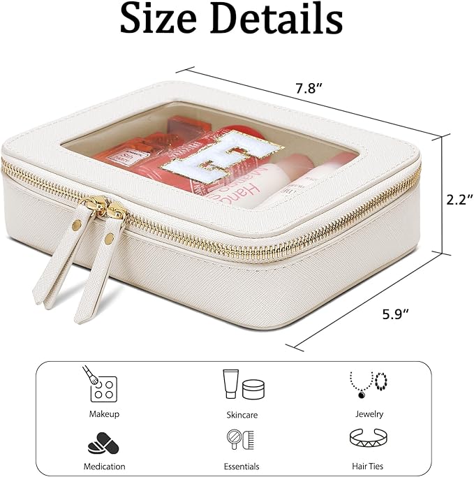 Initial Travel Toiletry Bag - Cosmetic Bags for Girls with Zipper, Clear & Potable Makeup Bag for Travel, Cosmetic Pouch Perfect Gifts for Graduation (Beige, E)