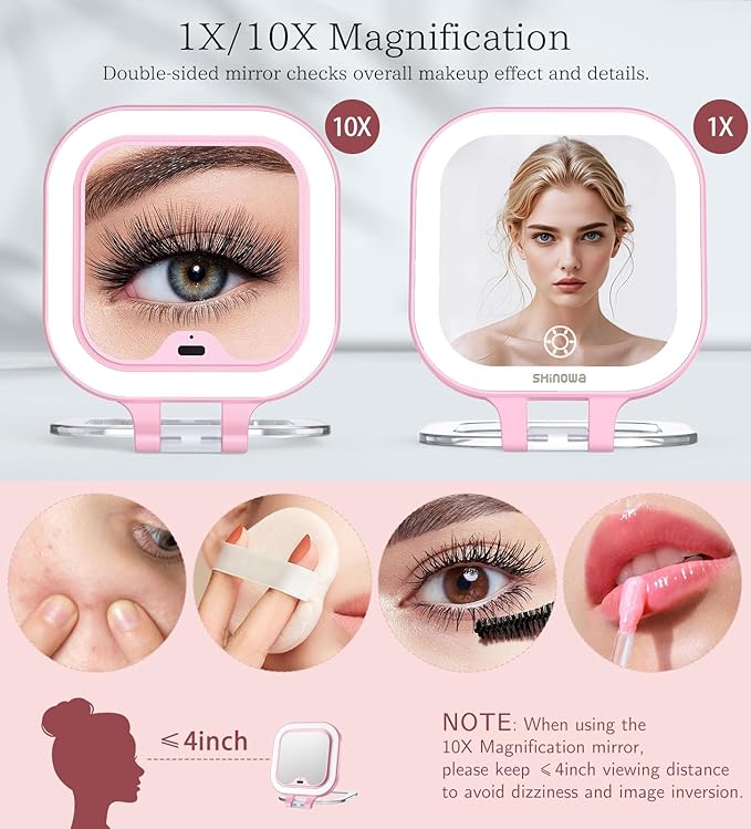 Shinowa Rechargeable Travel Makeup Mirror with 44 LED Lights, 1X/10X Magnifying Vanity Mirror with 3 Color Light, Folding Stand, 4 Inch Portable Dimmable Double Sided Compact Lighted Mirror, Pink