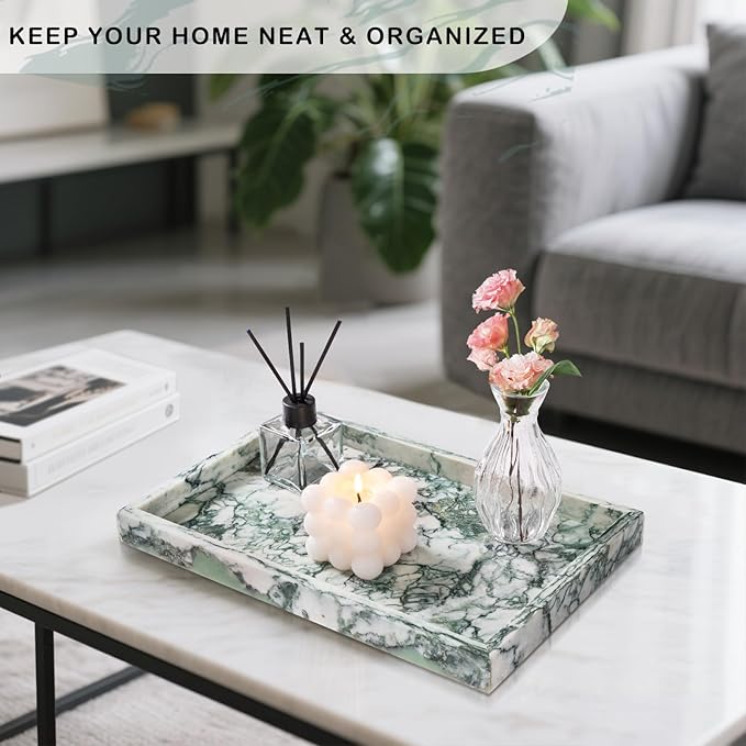 Marble Bathroom Tray for Countertop & Home Decor, Natural Decorative Marble Tray for Jewelry & Perfume Organizer, Luxury Stone Vanity Trays for Dresser, Kitchen Counter, 12" x 8", Jade Green