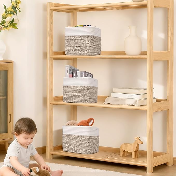 3 Pack Cube Storage Bin, 9”x9”x7” Cotton Rope Woven Baskets for Organizing Toys Clothes Towels, Square Gift Storage Baskets for Shelf, Nursery, Closet, Bathroom, Pantry (White & Jute)