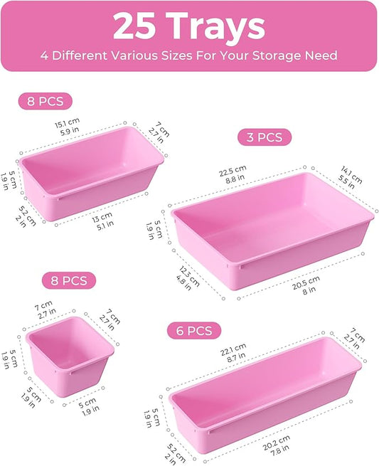 25 PCS Plastic Drawer Organizers Set, 4-Sizes Vanity and Makeup Organizer, Desk and bathroom Drawer Organizer Trays, Organizers and Storage for Makeup, Jewelry, Gadgets, Utensils(Light Purple)