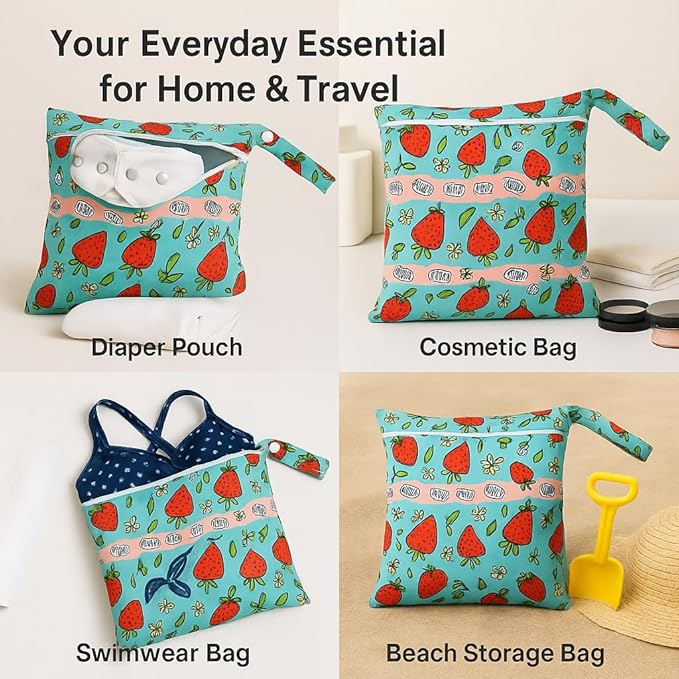 Waterproof Wet Dry Bag, Reusable Diaper Pouch with Zipper, Machine Washable Travel Organizer for Beach, Daycare, Kids, Dinosaur Pattern (Strawberry)