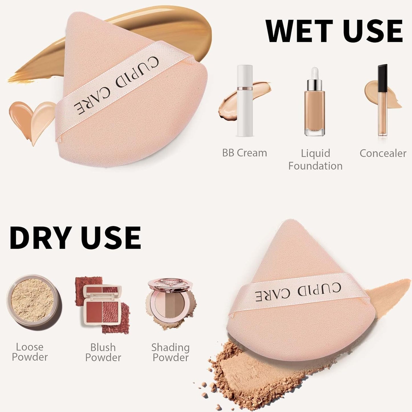 6 Pcs Triangle Powder Puff with 2 Travel Cases, Setting Powder Puffs for Face Powder and Foundation, Velour Makeup Puff for Loose Powder Body Powder, Skin-Friendly, Beauty Makeup Tools