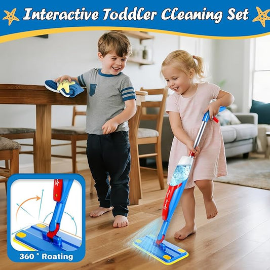 Kids Cleaning Toy Set - Toddler Cleaning Set with Real Working Kids Spray Mop, Microfiber Pads, Cloth & Scraper | Role Play Educational Toys for Boys Girls, Montessori Toddler Toys Gifts