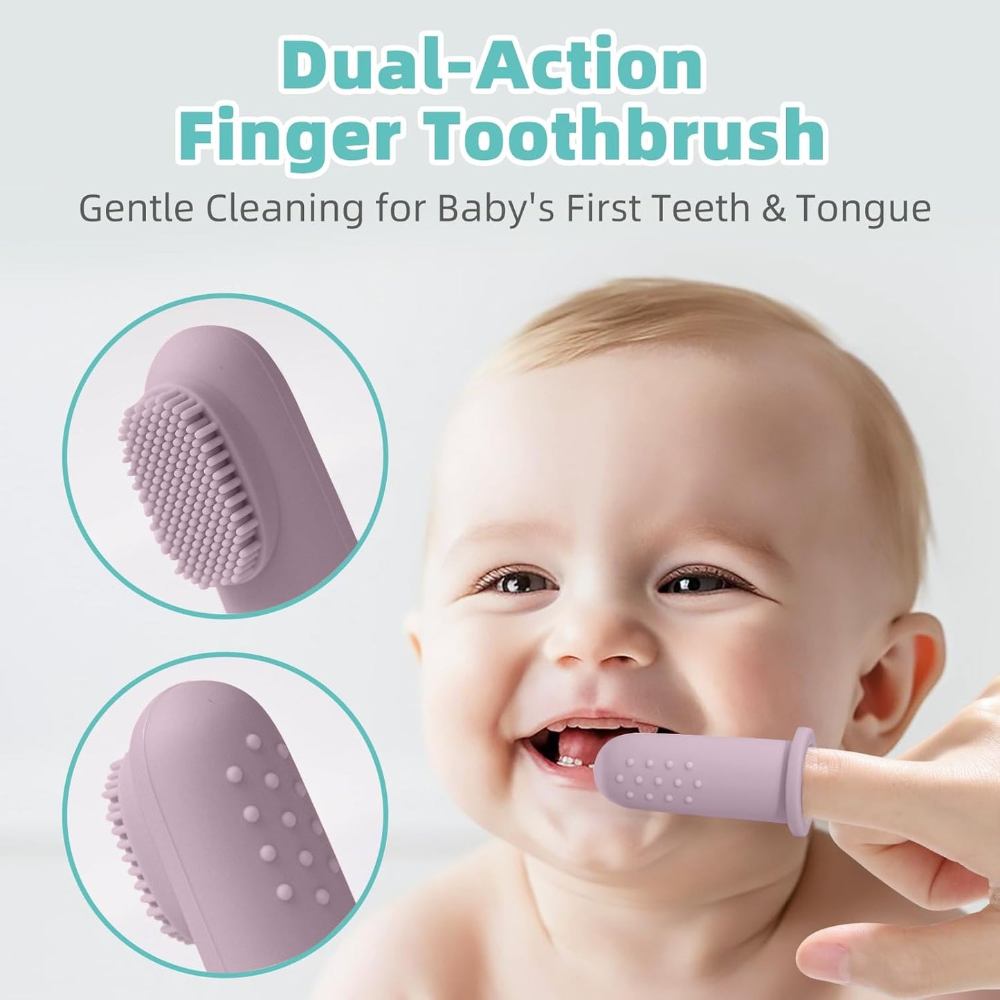 BumbleBee Silicone Baby Finger Toothbrush, Oral Cleaning & Teething Brush for Infants & Toddlers, 0 Months+, 2 Count with Travel Storage Case - Purple