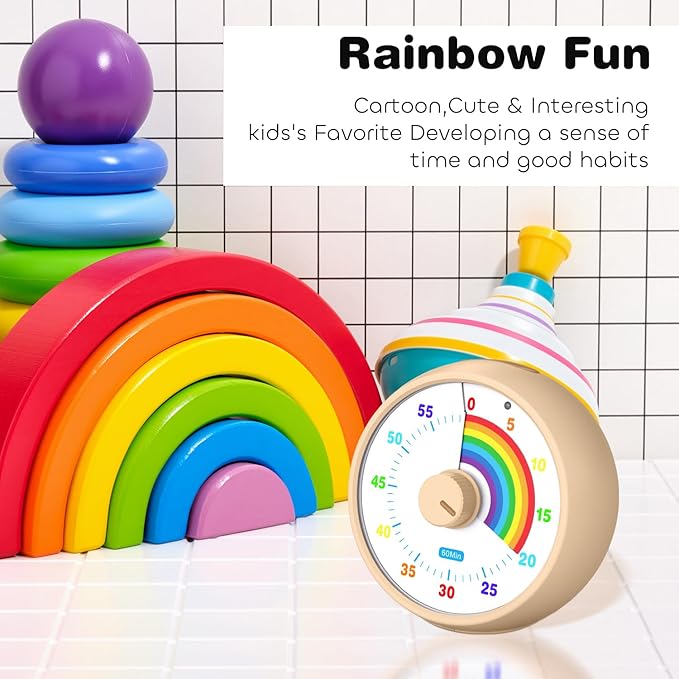 Visual Timer for Kids, 60-Minute Countdown Timer for Classroom Office Kitchen, Desk Timer Kids Time Management Tools with Silent Operation, Pomodoro Time Rainbow Pattern(Khaki)