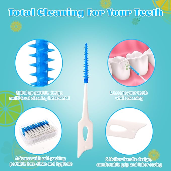 100 Pieces Interdental Brushes, Silicone Dental Floss Picks with Case Dental Brushes Dental Picks Blue Tooth Floss Picks for Teeth Cleaning