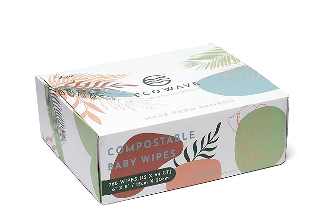 Eco Wave Baby Wipes, 100% Compostable Eco-Friendly Bamboo Wipes, Unscented, Hypoallergenic, Vegan, Alcohol-Free, Suitable For Sensitive Skin (Pack of 12)