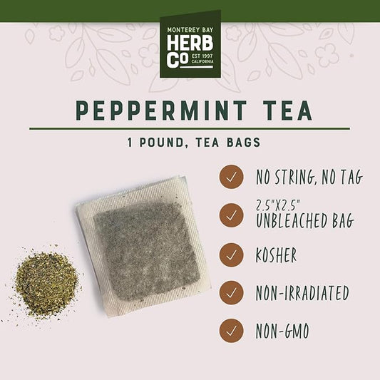 Monterey Bay Herb Co. Peppermint Tea | 200 Tea Bags | Caffeine Free | Bulk Tea | Soothes Digestion & Belly | Herbal Tea