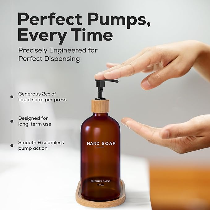 Amber Glass Hand Soap Dispenser Bathroom Set by Brighter Barns - Hand Soap Dispenser for Kitchen Sink & Bathroom - Bamboo Glass Bottle with Tray - Modern Home Decor for Spa, RV, Fitness Center (Amber)