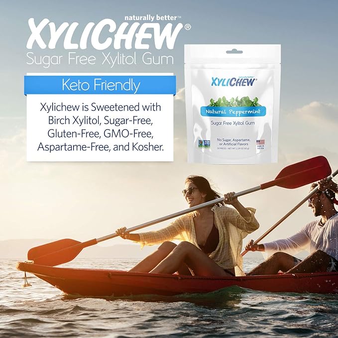 Xylichew 100% Xylitol Chewing Gum - Non GMO, Non Aspartame, Gluten Free, and Sugar Free Gum - Natural Oral Care, Relieves Bad Breath and Dry Mouth - Peppermint, 50 Count