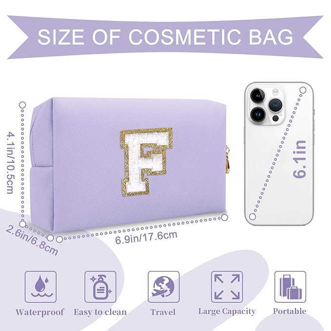 Personalized Makeup Bag Initial A-Z Preppy Patch Bag,Small PU Leather Travel Cosmetic Bag Pouch with Zipper,Purple Cute Toiletry Bag,Gift Ideal for Teen Girls Women Birthday Friend Mom,Latter F