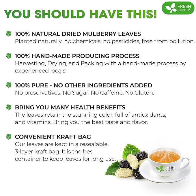 FreshDrinkUS, Permium 8oz Mulberry Leaves, 100% Natural & Pure from Mulberry Leaves, Mulberry Leaf Tea, Mulberry Loose Leaf Herbal Tea, No Additives, No Caffeine, Vegan
