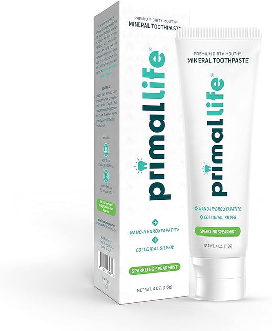 Primal Life Organics Premium Dirty Mouth Mineral Toothpaste - Nano-Hydroxyapatite, Colloidal Silver, Charcoal - Organic, All Natural Whitening Formula (Spearmint Flavor, 4 Oz)