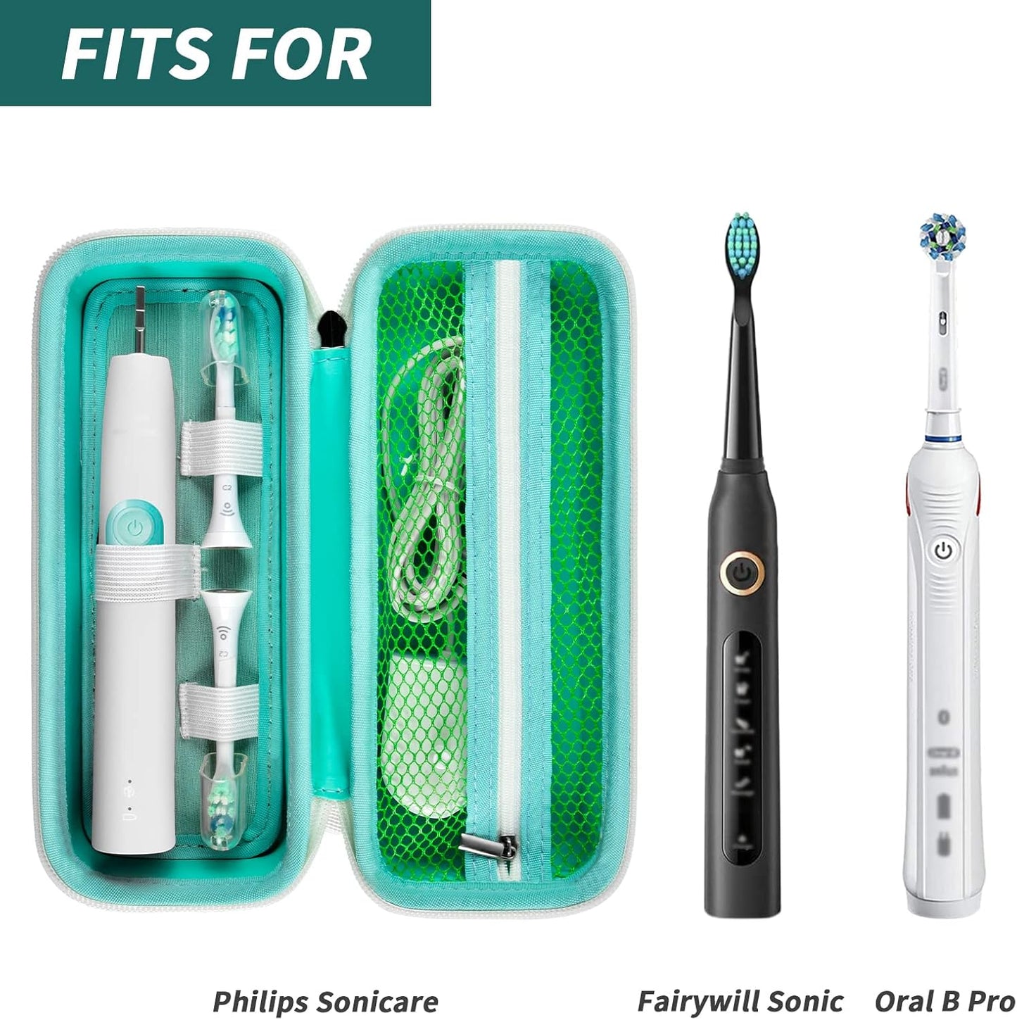 Toothbrush Travel Case Compatible with Oral-B Pro 1000, 2000, 3000, 3500, 1500/ for Philips Sonicare ProtectiveClean 4100 5100 Electric Toothbrush with Mesh Pocket for Accessories - Green (Bag Only)