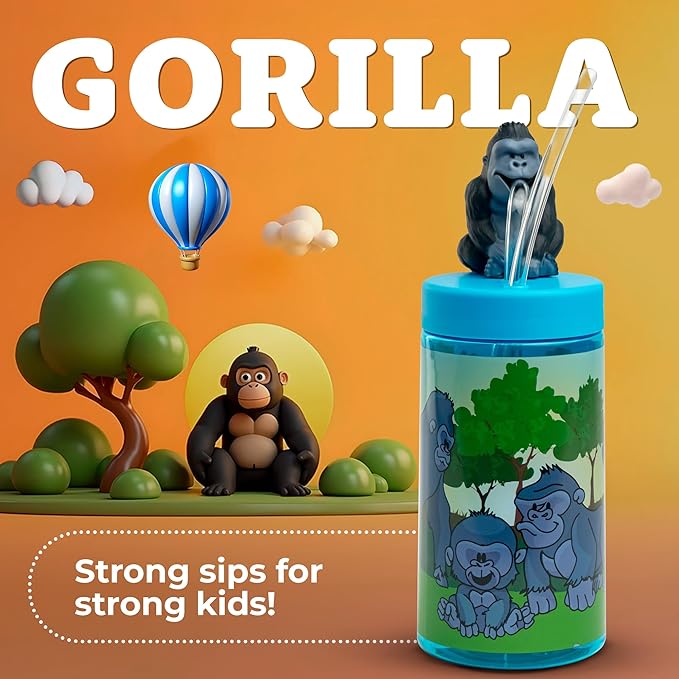 Kids Water Bottle, Toddler Cups, Tumbler with Lid and Straw, Travel Sippy Cup for Water or Milk, Kids Cups with Lids for Toddlers 3 and Up, BPA Free Plastic, 12 oz (Zoo Silverback Gorilla)