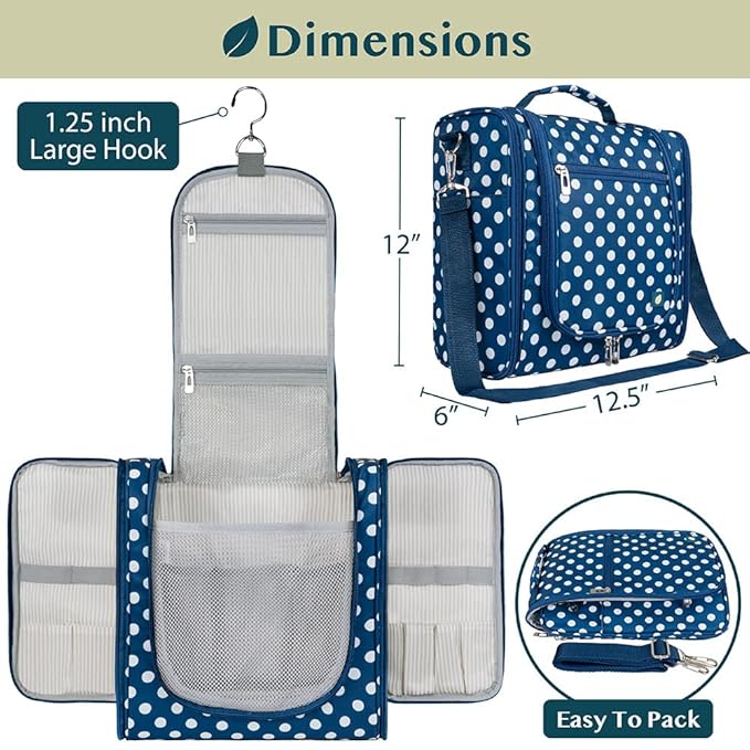 PAVILIA Extra Large Toiletry Bag Travel Bag for Women Men, Hanging Cosmetic Organizer, Water Resistant Makeup Bag for Accessories Toiletries, Travel Essentials Kit (Navy Polka Dot)