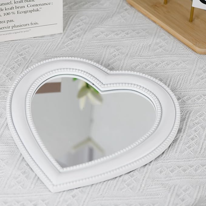 Heart Shape Makeup Mirror Wall Mounted Mirror with Hanging Hole for Home Room Decoration Birthday Gift Valentine's Day Gift for Girl,10.6x10.2inch (White)