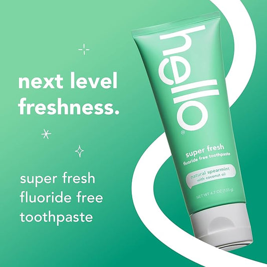 hello Super Fresh Fluoride Free Toothpaste, Toothpaste for Bad Breath, Helps Remove Surface Stains, Natural Spearmint, 3 Pack, 4.7 Oz Tubes