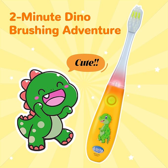 Lily's Home Kids Toothbrush with Flashing Timer and Soft Bristles, Rinsing Cup & Cover - Fun 2-Min Light-Up Timer for Children - Toddler Soft Toothbrush Kit (Dinosaur)