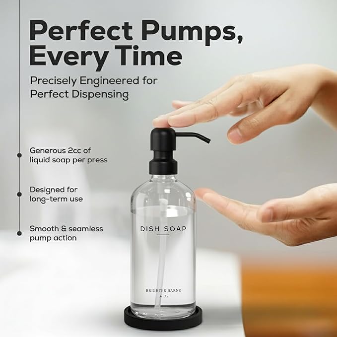 Glass Dish Soap Dispenser for Kitchen Sink by Brighter Barns - Modern Kitchen Soap Dispenser Set with Tray and Stainless Steel Pump - Minimalist Home Decor for Rental Properties, Restaurants (Clear)