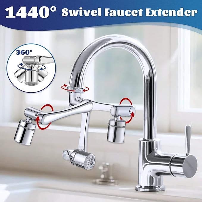 Patented 1440°Rotatable Faucet-Extender for Bathroom-Kitchen-Sink - Universal Swivel 2 Mode Tap aerator Extension, REAL BRASS U Shaped Sink Sprayer for Toddlers/Kids,Lift Spout for Face/Eye/Hair Rinse
