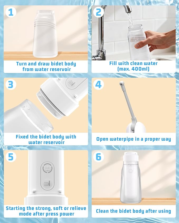 Portable Bidet for Travel with 400ml Bottle, Rechargeable Electric Travel Bidet with 3 Pressure Modes, Waterproof Handheld Bidet Sprayer for Women Men Baby Cleaning