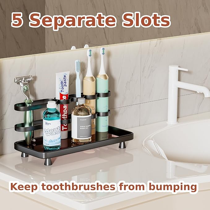 Electric Toothbrush Holder for Bathroom Countertop 5 Metal Slots Toothpaste Razor Mouthwash Organizer, Black