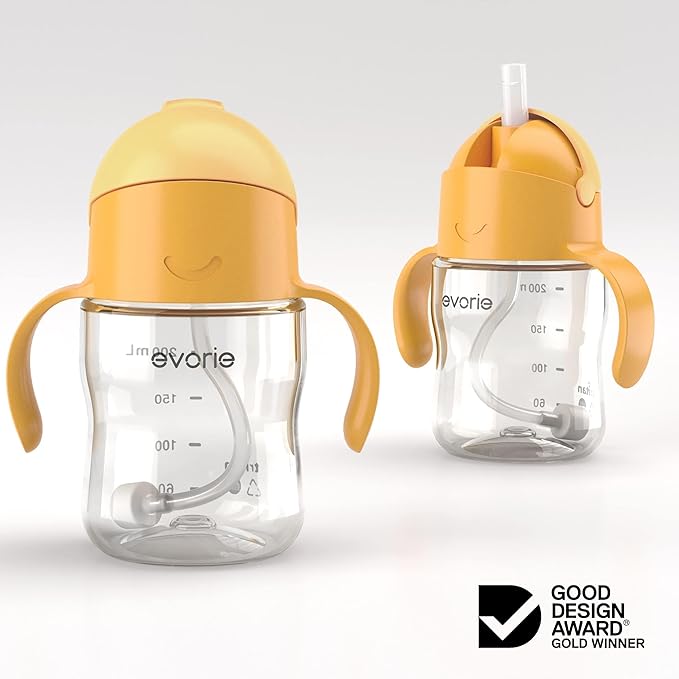 Evorie Tritan Weighted Straw Sippy Cup with Handles for Baby and Toddlers, Spill Proof Baby Water Bottle with Straw for 6 months and up, 7 Oz, Infant Training Water Bottle (Apricot)