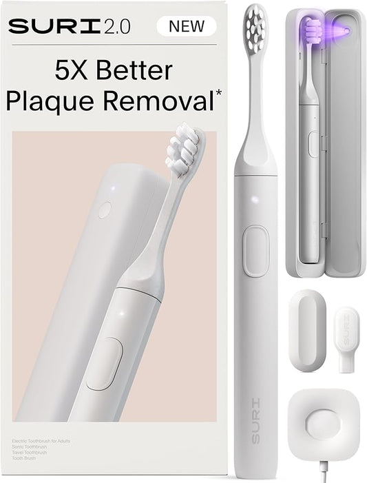 SURI 2.0 New Sonic Electric Toothbrush with Pressure Sensor & UV-Cleaning Travel Case | 1 Month+ Battery | Electric Toothbrush for Adults | Travel Toothbrushes | Tooth Brush | White
