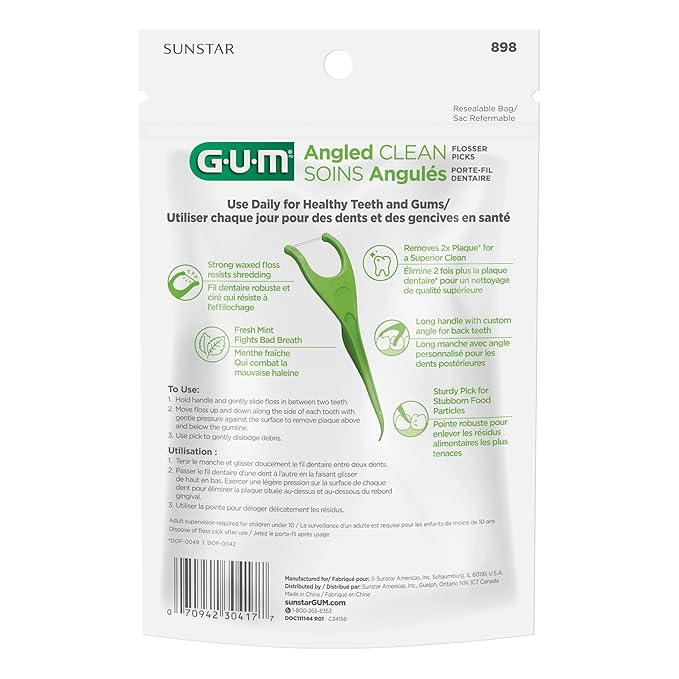 GUM Angled Floss Picks, Perfect for Tight Teeth, Extra Strong Shred-Resistant Dental Floss, Angled for Easy Reach, Dental Flossers for Adults, Fresh Mint Flavor, 75 Count