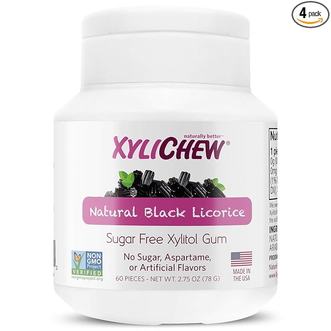Xylichew 100% Xylitol Chewing Gum - Non GMO, Non Aspartame, Gluten Free, and Sugar Free Gum - Natural Oral Care, Relieves Bad Breath and Dry Mouth - Licorice, 60 Count