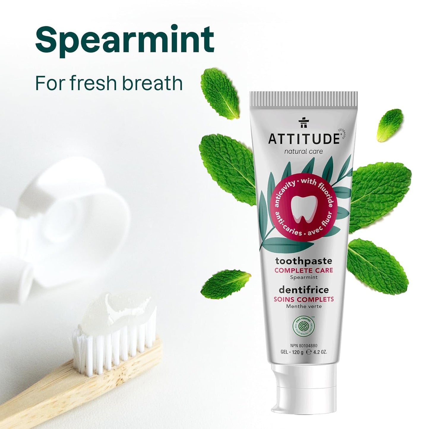 ATTITUDE Complete Care Toothpaste with Fluoride, Spearmint Flavor, Vegan & Cruelty-Free, Sugar-Free, Plant & Mineral-Based Ingredients, Clean Oral Care, 4.2 Oz