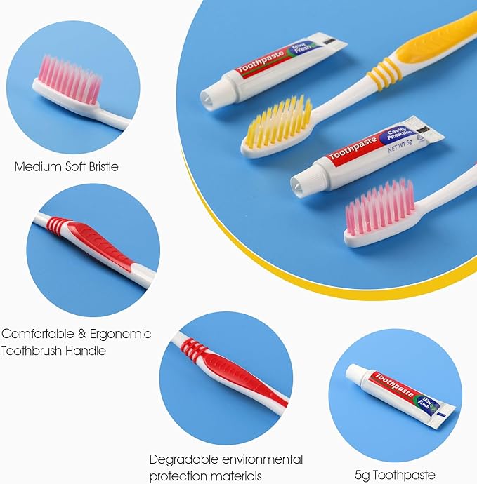 Homvle 50 Packs Individually Wrapped Buld Toothbrush and Toothpaste, Disposable Toothbrush with Toothpaste for Travel Ttoothbrush Toiletries, OCC, Airbnb, Dentist, Office/5 Colorful